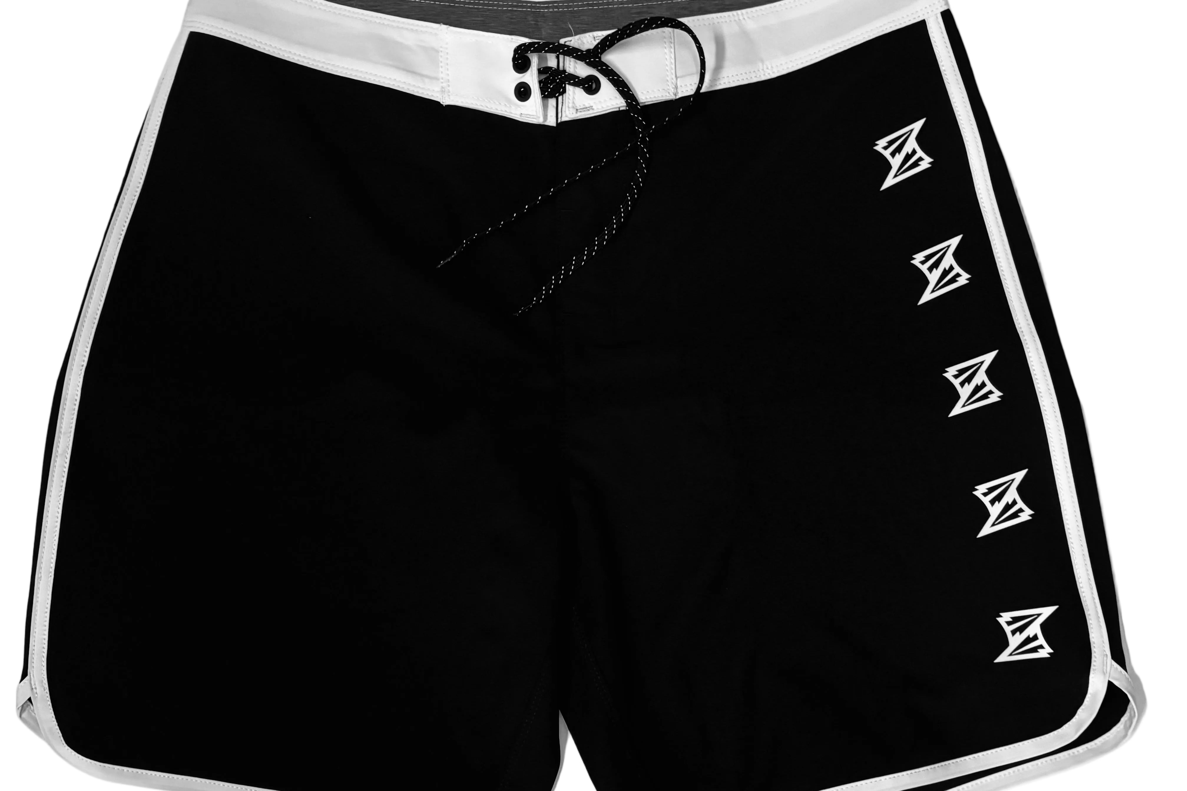 Black boardshorts with white accents on a white background