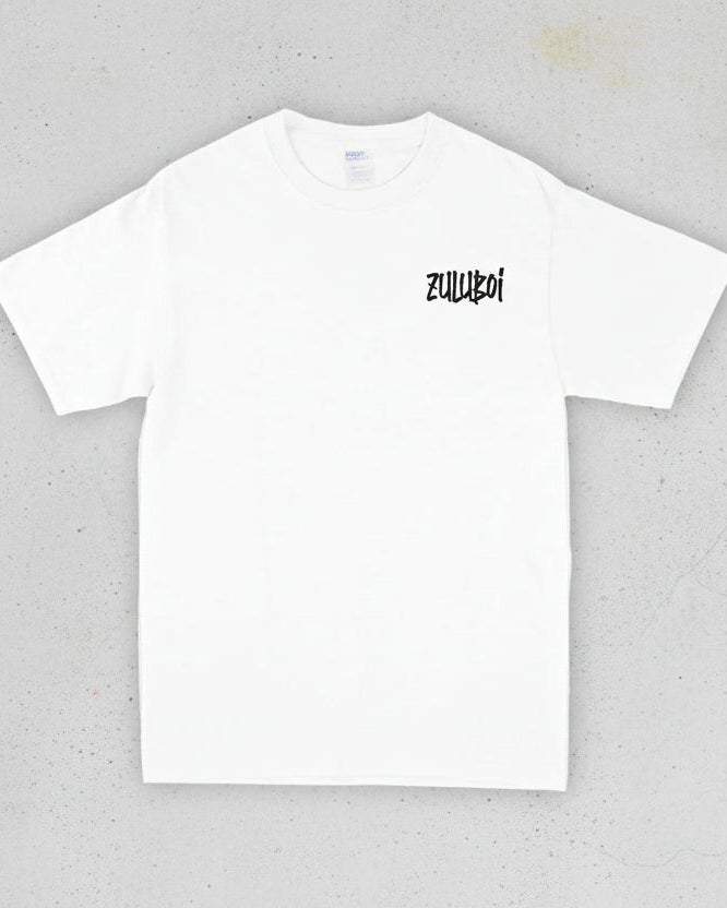 White t-shirt with black text logo on a white background