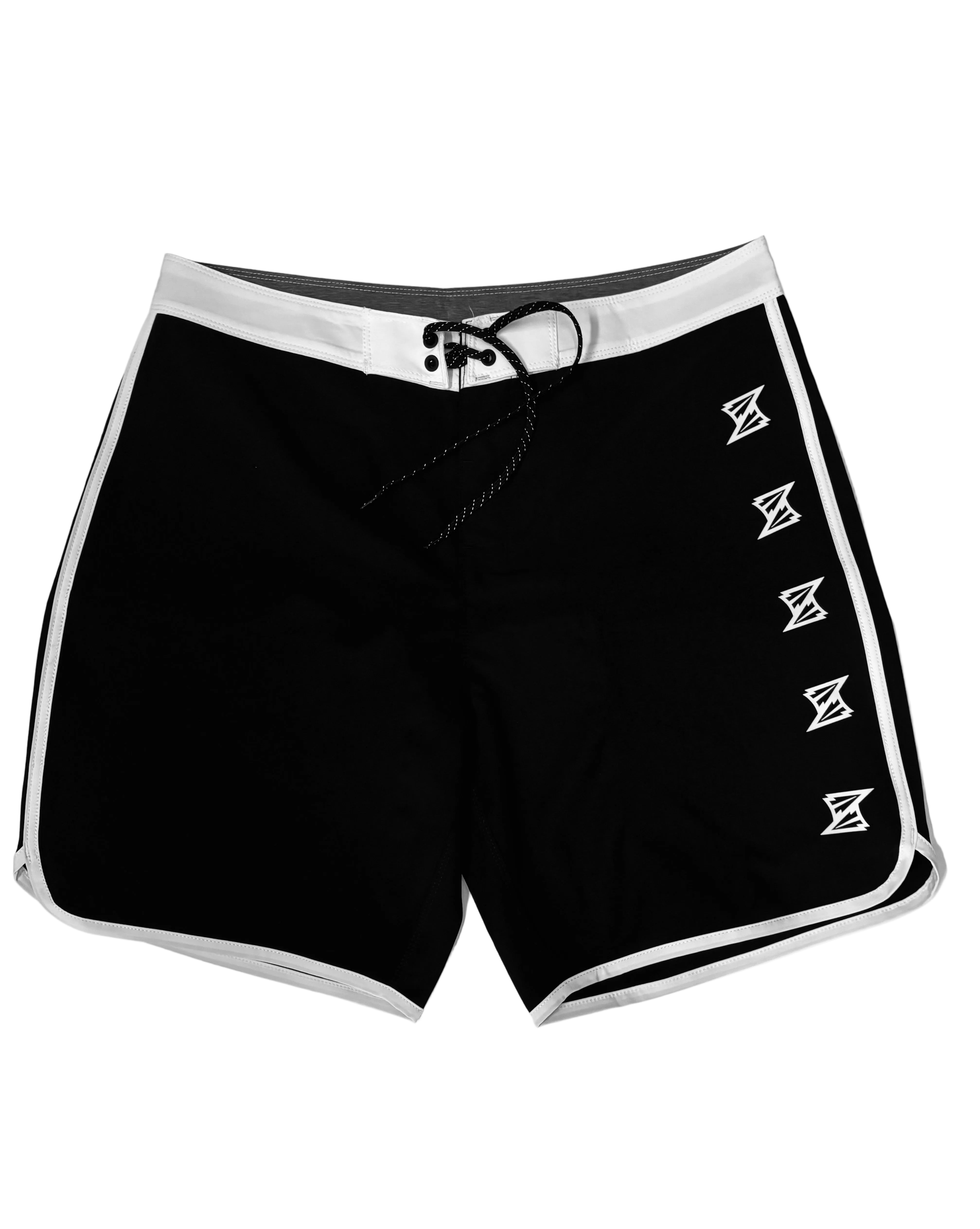 Black boardshorts with white accents on a white background