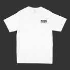 White t-shirt with black text logo on a white background