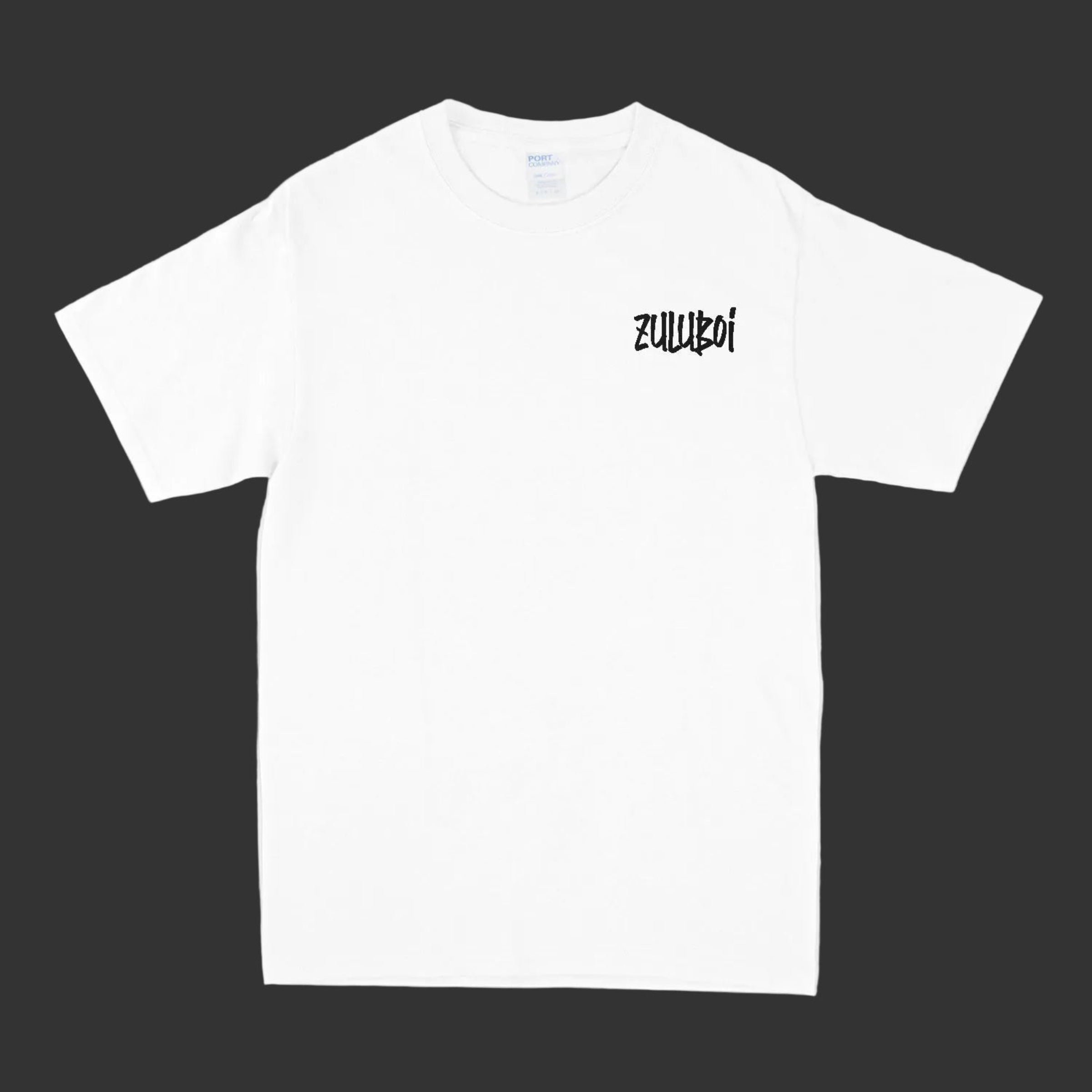 White t-shirt with black text logo on a white background